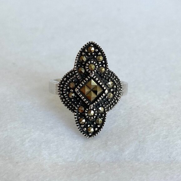 VTG Sterling Silver 925 Oxidized Art Deco Style Marcasite Band Ring Sz 6.75 - Picture 5 of 16